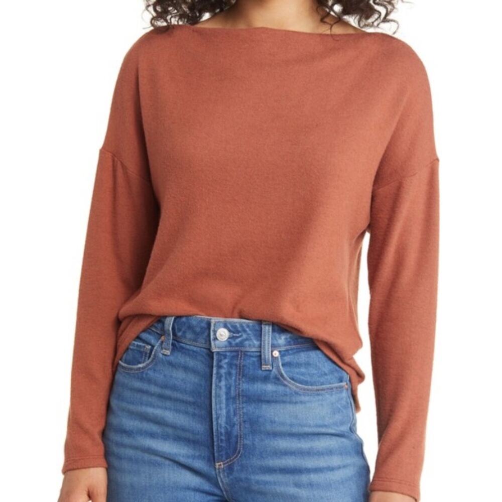 Caslon Boat Neck Long Sleeve Top - Rust Sequoia Heather Size L